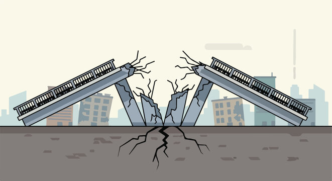Collapsed bridge with cracked ground and distant city skyline in cartoon style