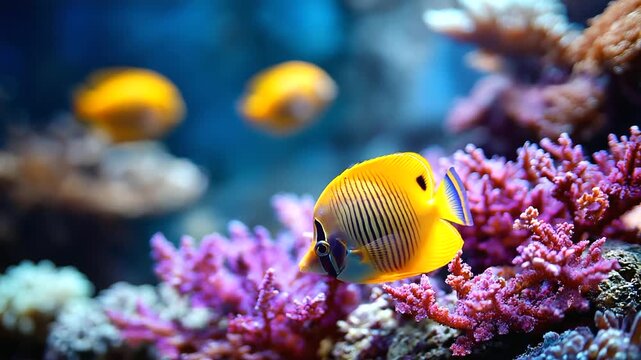 Vibrant tang fish swimming amidst colorful coral reef ecosystem, underwater marine life scene, tropical ocean habitat visualization, with copy space