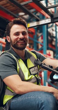 Happy man, face and operator with forklifter in warehouse for cargo transportation or distribution. Portrait, male person or distributor with smile in vehicle for supply chain, logistics or storage