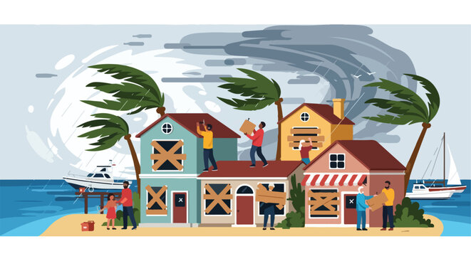 People boarding up houses and preparing for a hurricane with stormy skies