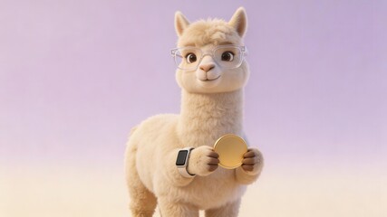Fototapeta premium Llama Holding Gold Coin Wearing Glasses, Financial Mascot