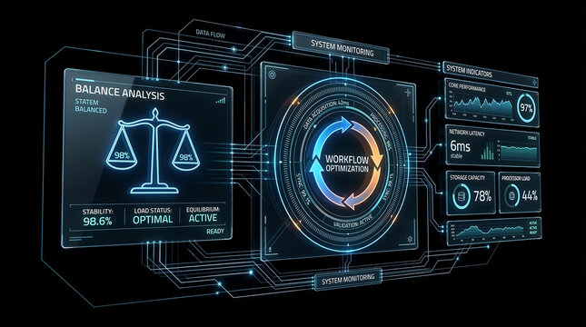 Futuristic control dashboard with holographic displays and floating data screens on black background showcasing digital interface with scales and circular graphs for business