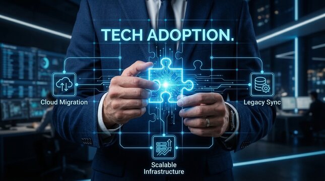 Businessman in suit interacting with digital tech adoption interface displaying cloud migration, legacy sync, and scalable infrastructure for seamless technology integration