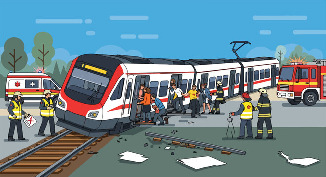A train crash scene with emergency responders assisting passengers