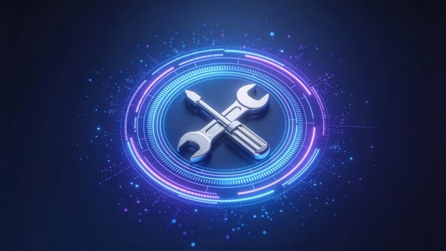 Crossed wrench and screwdriver on glowing circular interface,technical support icon,system maintenance and repair service technology concept