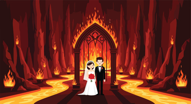 Cartoon couple in wedding attire stands in fiery underworld with lava rivers