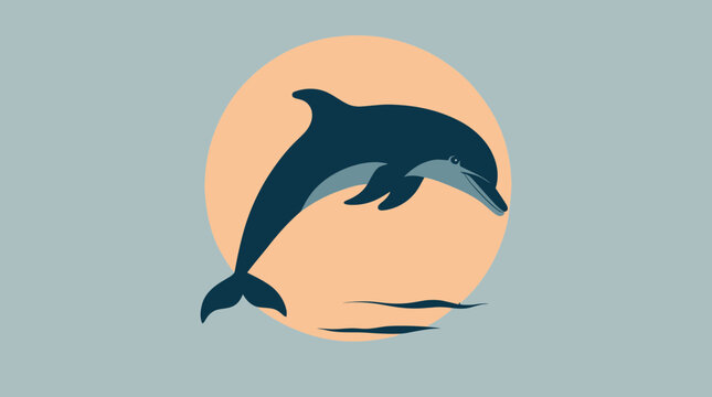 Jumping Dolphin Silhouette Against Sunset Flat Illustration