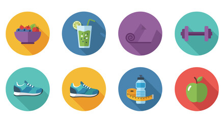 Fototapeta premium Set of 8 flat design fitness and healthy lifestyle vector icons with long shadows, including fruit bowl, smoothie, yoga mat, dumbbell, running shoes, water bottle, and apple