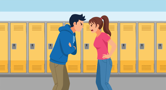 Two upset teenagers facing off with anger in a school hallway near lockers