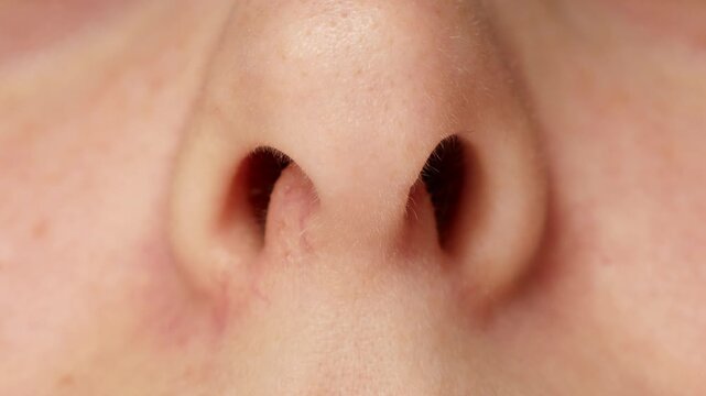 Female nose moving while breathing with skin structure close up