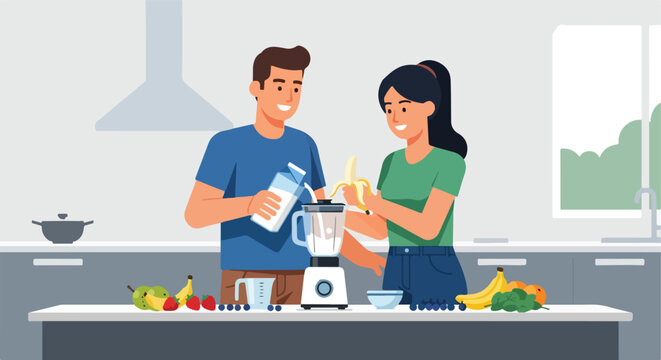 Couple prepares a healthy smoothie in a modern kitchen with fresh fruits