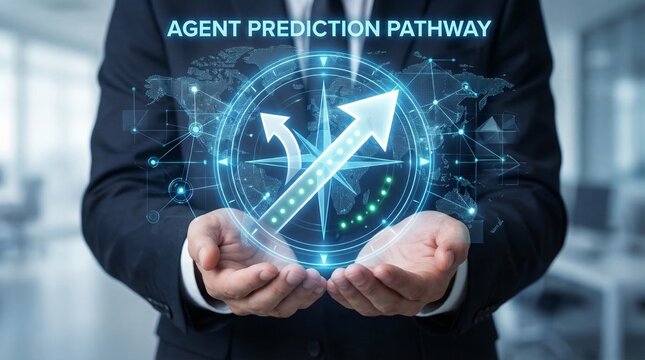Businessman presenting agent prediction pathway with glowing compass and arrows