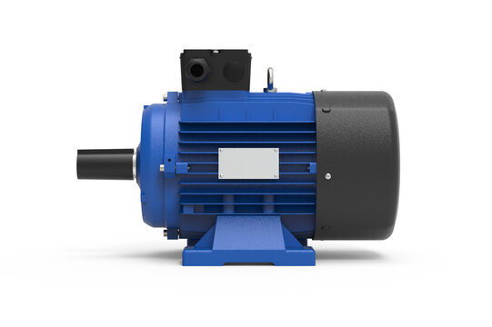 This high-quality 3D render showcases a heavy-duty industrial electric motor, featuring a durable blue-coated frame designed for demanding environments. The unit is equipped with prominent cooling fin