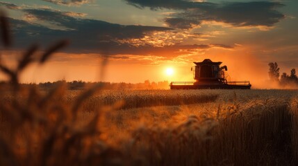 Fototapeta premium Combine harvester harvesting grain in expansive field at sunrise