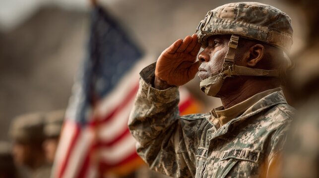 Soldier saluting near flag during military ceremony outdoors