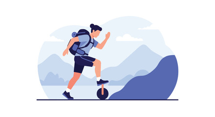 Fototapeta premium Adventurer on a unicycle climbs a stylized mountain landscape