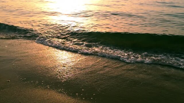 Evening beach waves with golden sunlight on the shore