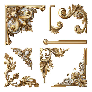 Golden ornamental design elements isolated on a transparent background