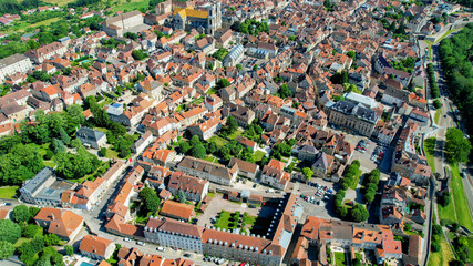 Obraz premium Aerial view of the old town above the city of Langres in France, on a sunny spring day.