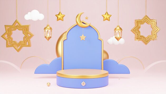 3d islamic beduk drum with floating golden ramadan ornaments and crescent moon