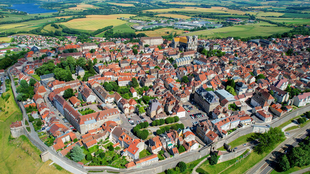 Aerial view of the old town above the city of Langres in France, on a sunny spring day.