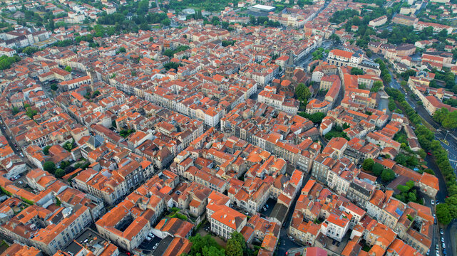 Aerial view of the old town above the city of Riom in France, on a sunny spring day.