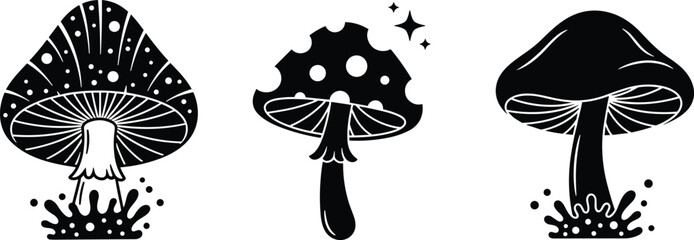 Mushroom silhouette collection of magic fungus with stars and organic forest elements set, cad drawing flat vector illustration, isolated on white. © Robiul