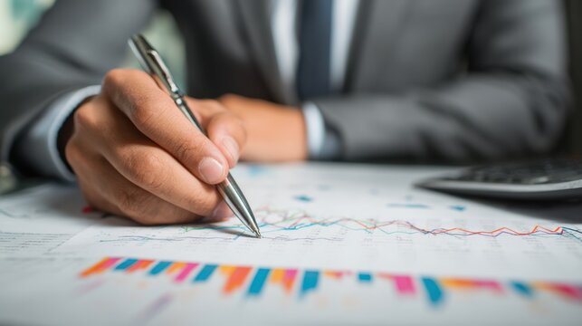 Businessman annotating financial charts and diagrams at desk