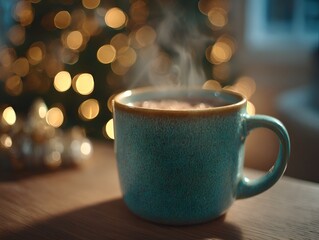 A steaming mug of hot cocoa sits on a wooden table with blurred Christmas lights twinkling softly in the background creating a cozy scene.
