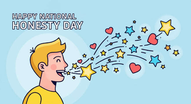 Man blowing stars and hearts on national honesty day symbolizing truth and sincerity with a cheerful expression