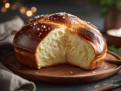 Freshly baked challah bread with a golden crust sprinkled with salt rests on a wooden board, inviting consumption and warm feelings overall.