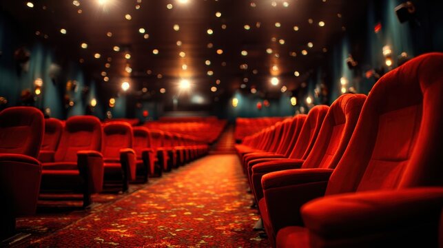 Red velvet theater seats aligned empty in cinema aisle