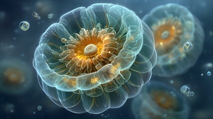 A mesmerizing cluster of translucent spherical organisms floats gracefully in the depths of a vast and mysterious underwater environment.