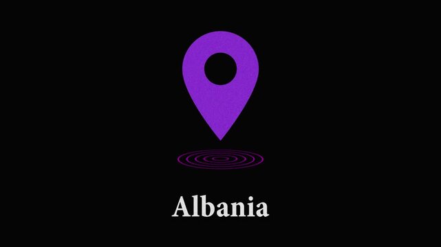 Purple location pin icon with ripple effect over the word albania on black background with map marker with gps icon