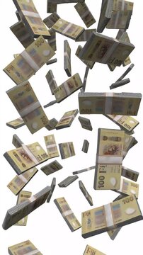 Vertical Fiji Money, Falling Fijian Dollar Bills, Cash Stacks Isolated on White, 4K