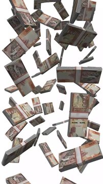 Vertical Kenya Money, Falling Kenyan Shilling Bills, Cash Stacks Isolated on White, 4K