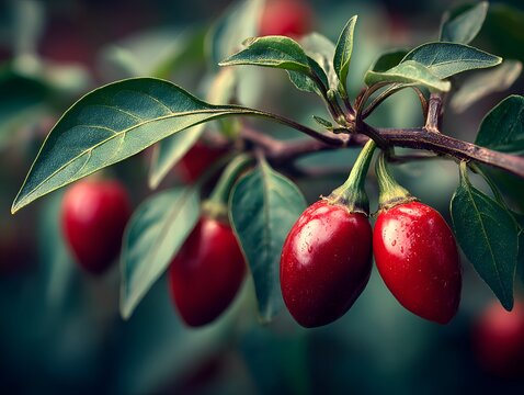 Close up photograph showcases ripe red chiltepin peppers hanging from a branch among green leaves in a natural outdoor setting creating depth of