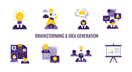 Fototapeta premium Set of 8 Brainstorming & Idea Generation vector icons featuring business people, lightbulbs, thought bubbles, and presentation boards, ideal for marketing and web design.