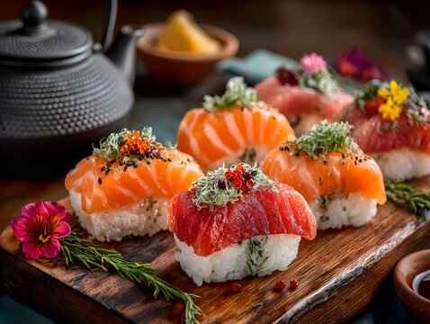 Exquisite sushi selection arranged on a wooden board with decorative flowers and a teapot, creating an inviting and delicious gourmet scene.