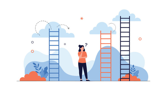 Confused woman stands between three blue, orange, and dark grey ladders of different heights, trying to decide which path to take.