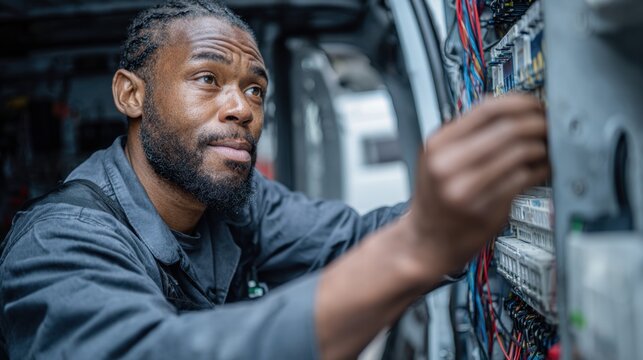 Technician inspecting wiring inside service vehicle interior