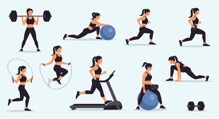Fototapeta premium Comprehensive collection of various fitness exercises and workout routines performed by a woman using weights, treadmill, and yoga ball.
