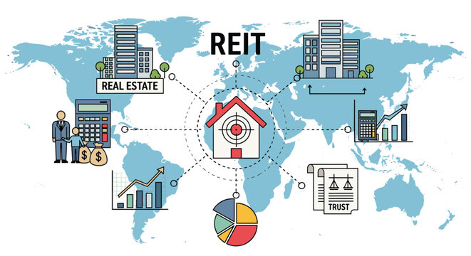 Global real estate investment trust concept diagram with icons for property, world map, financial charts, and legal trust documents.