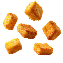 Crispy Fried Cheese Cubes or Tofu Isolated on White Background, Golden Breaded Nuggets Levitation