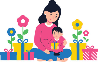 Fototapeta premium Mother lovingly embraces her young child while surrounded by colorful gifts and flowers for a special occasion.