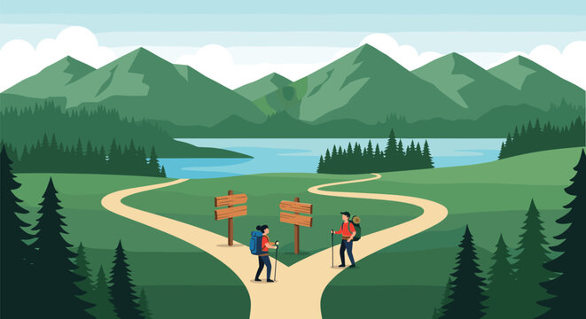 Two hikers with backpacks stand at a signpost where the trail splits, surrounded by majestic mountains, forests, and a calm lake.