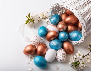 Obraz premium Easter concept. Copper, blue and white decorated eggs spilling from a white wicker basket on a white background with cherry flowers and copy space