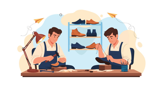 Professional shoemakers working in a workshop repairing and crafting footwear with traditional tools and techniques.