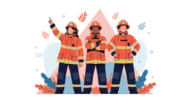 Team of professional firefighters standing together in full uniform ready for emergency response and public safety.