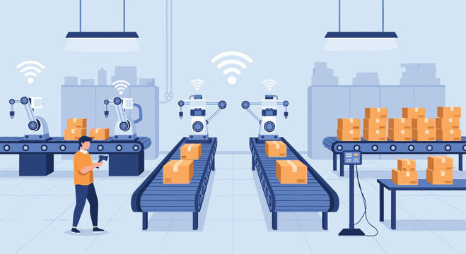 Modern automated warehouse facility featuring robotic arms and smart technology for efficient logistics and package sorting.
